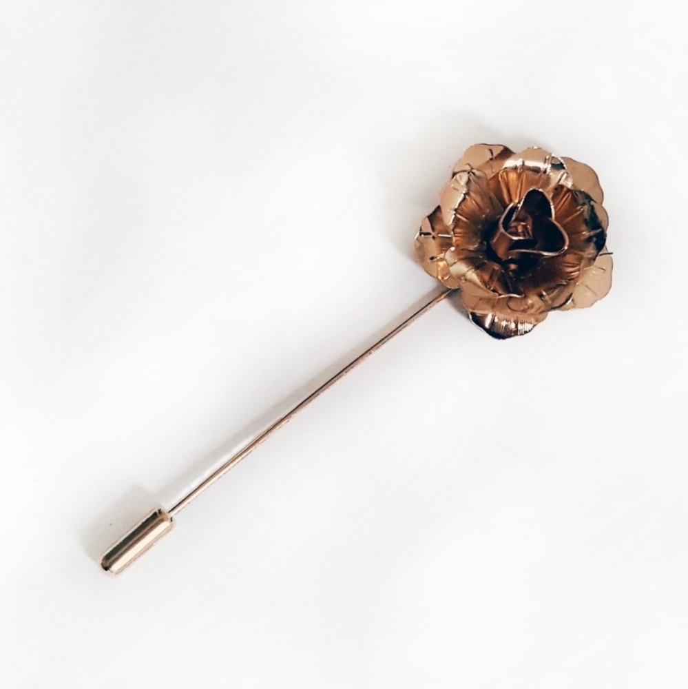 Mens 3D Metal Rose Lapel Pin Brooch Gold